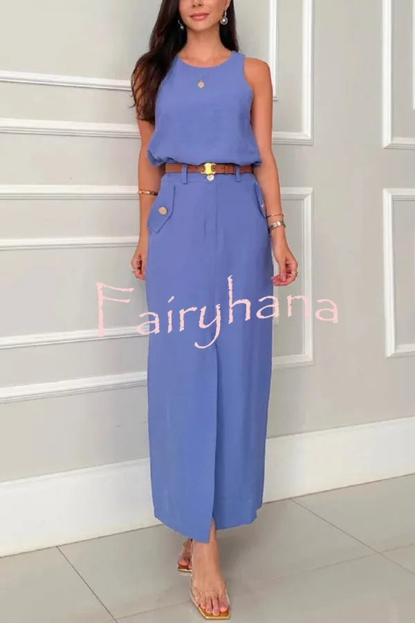 Office Lady Sleeveless Crewneck Top and Metal Button Pocket Slit Midi Skirt Set