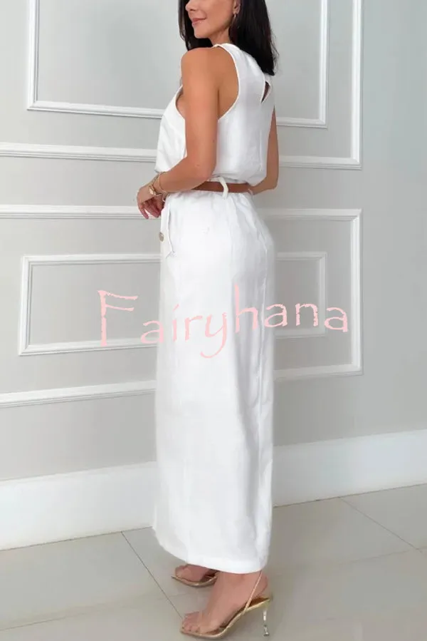 Office Lady Sleeveless Crewneck Top and Metal Button Pocket Slit Midi Skirt Set