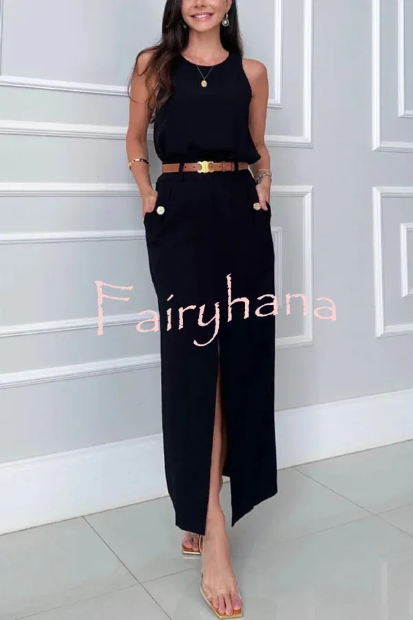 Office Lady Sleeveless Crewneck Top and Metal Button Pocket Slit Midi Skirt Set