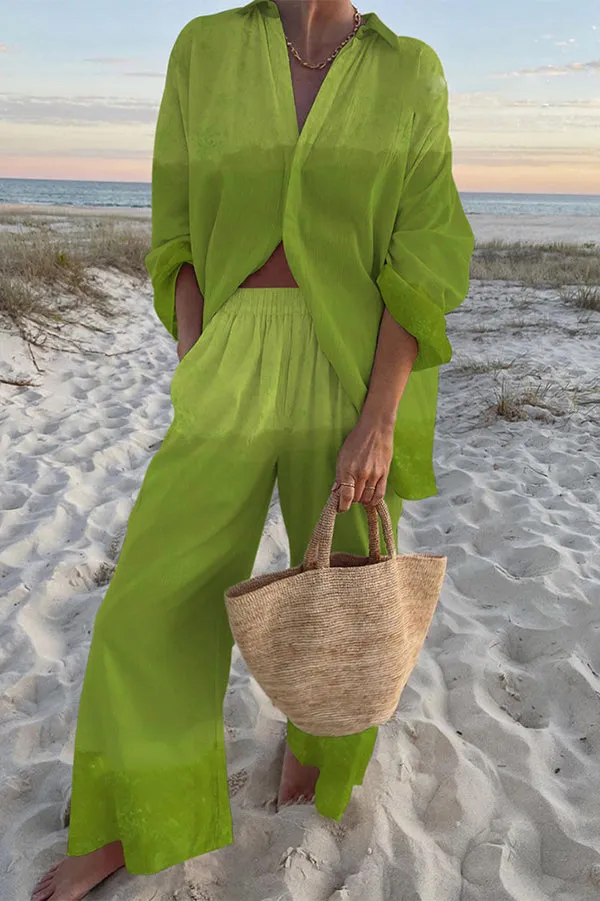 Ombre Print Oversized Shirt and Elastic Waist Pocket Pants Set