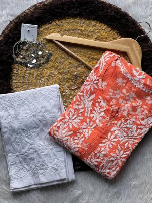 Orange Chikankari cotton Kurti With Pant In Mul Mul Cotton