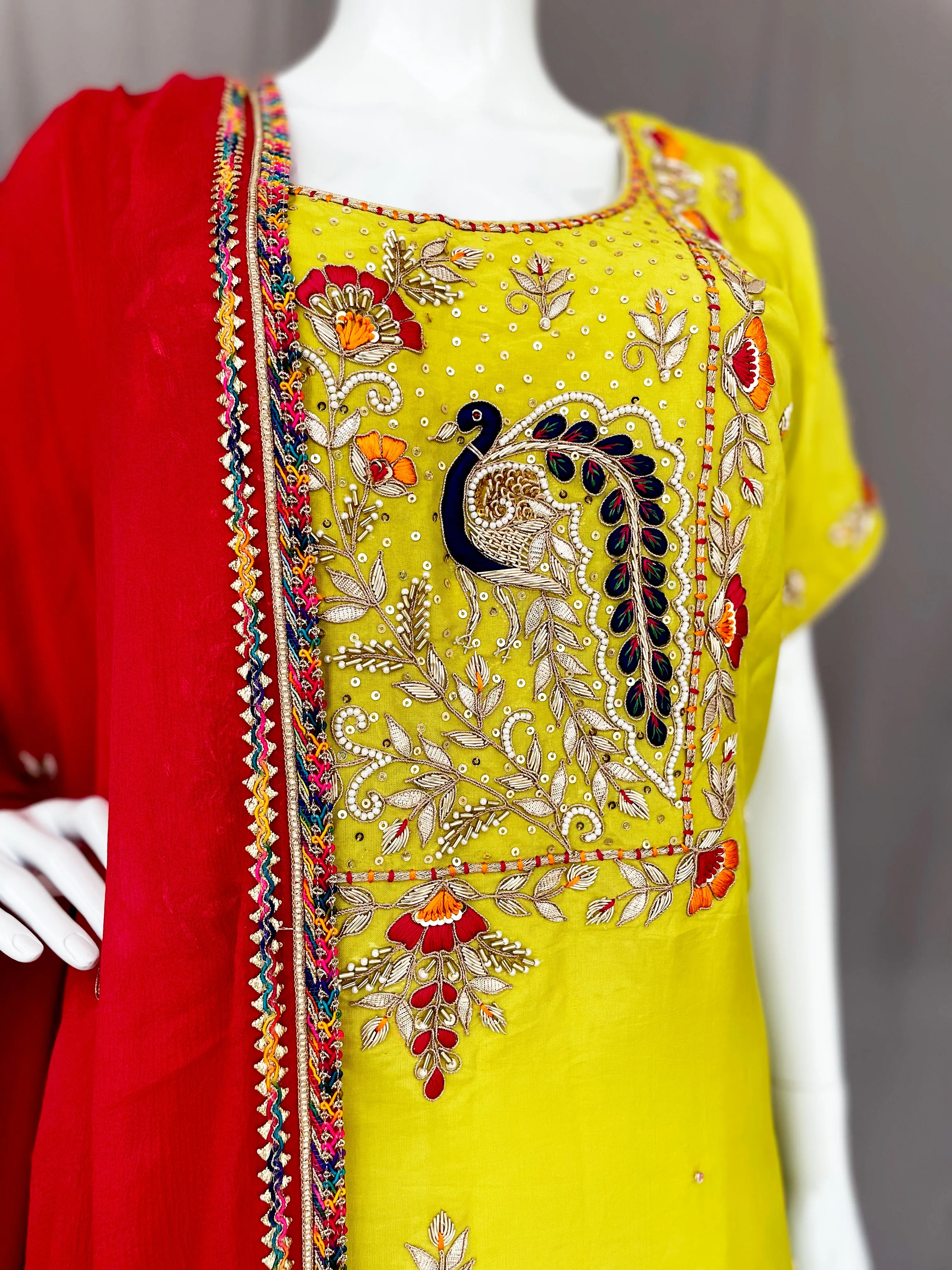 Parrot Green Embroidered Patiala salwar Pure silk suit, Wedding wear, Handwork Suit, Haldi, Mehendi Wear Suit,