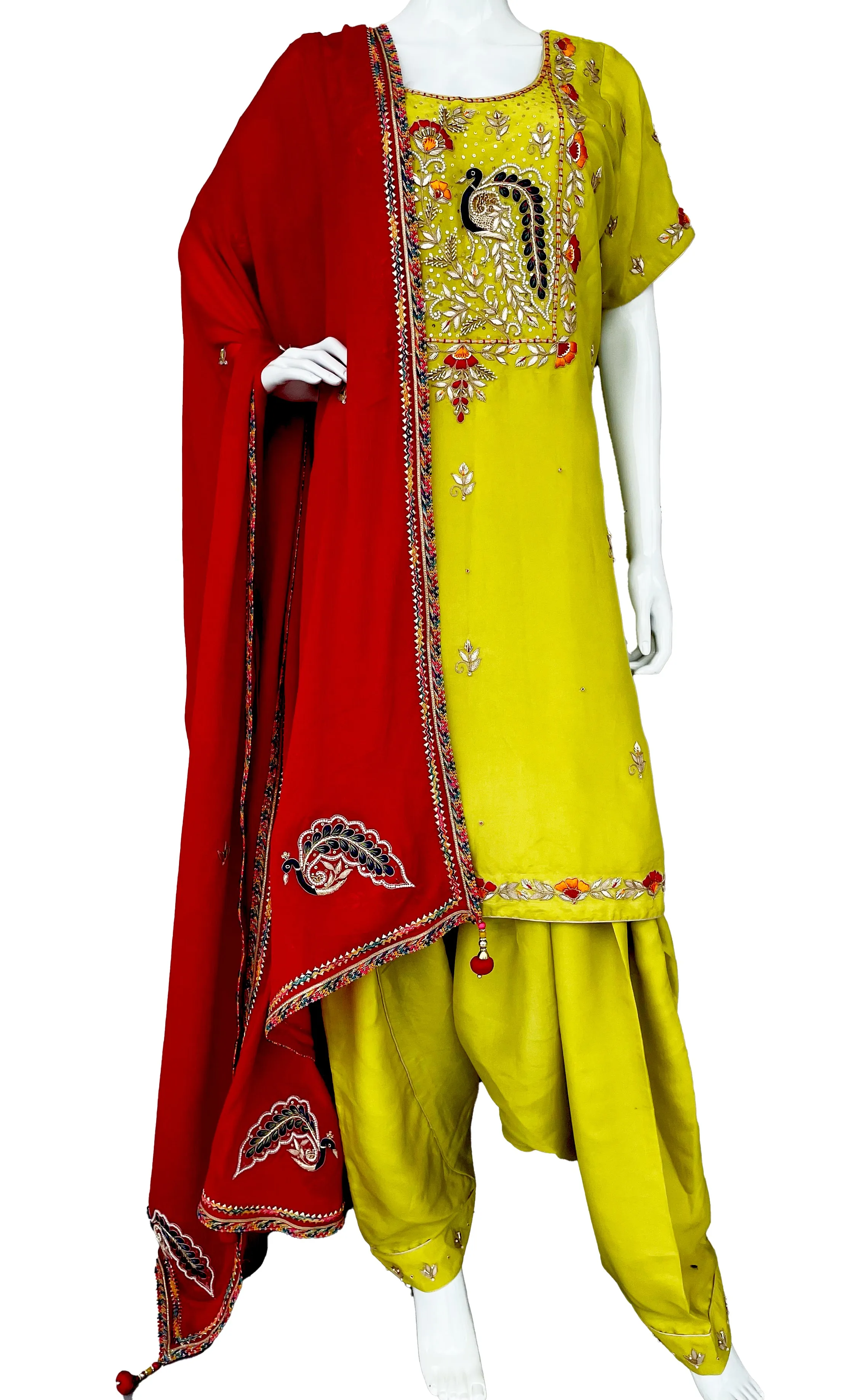 Parrot Green Embroidered Patiala salwar Pure silk suit, Wedding wear, Handwork Suit, Haldi, Mehendi Wear Suit,