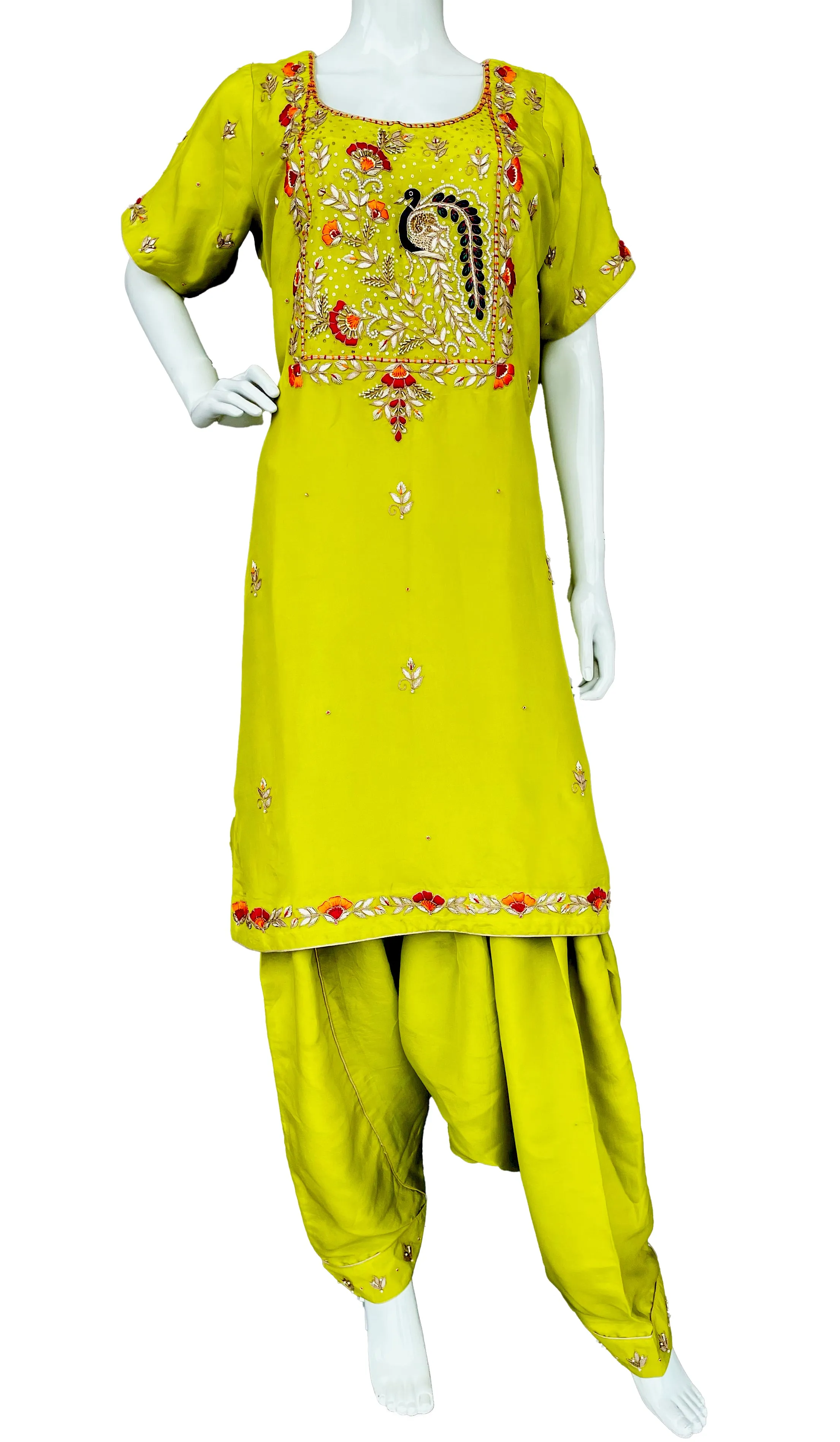 Parrot Green Embroidered Patiala salwar Pure silk suit, Wedding wear, Handwork Suit, Haldi, Mehendi Wear Suit,