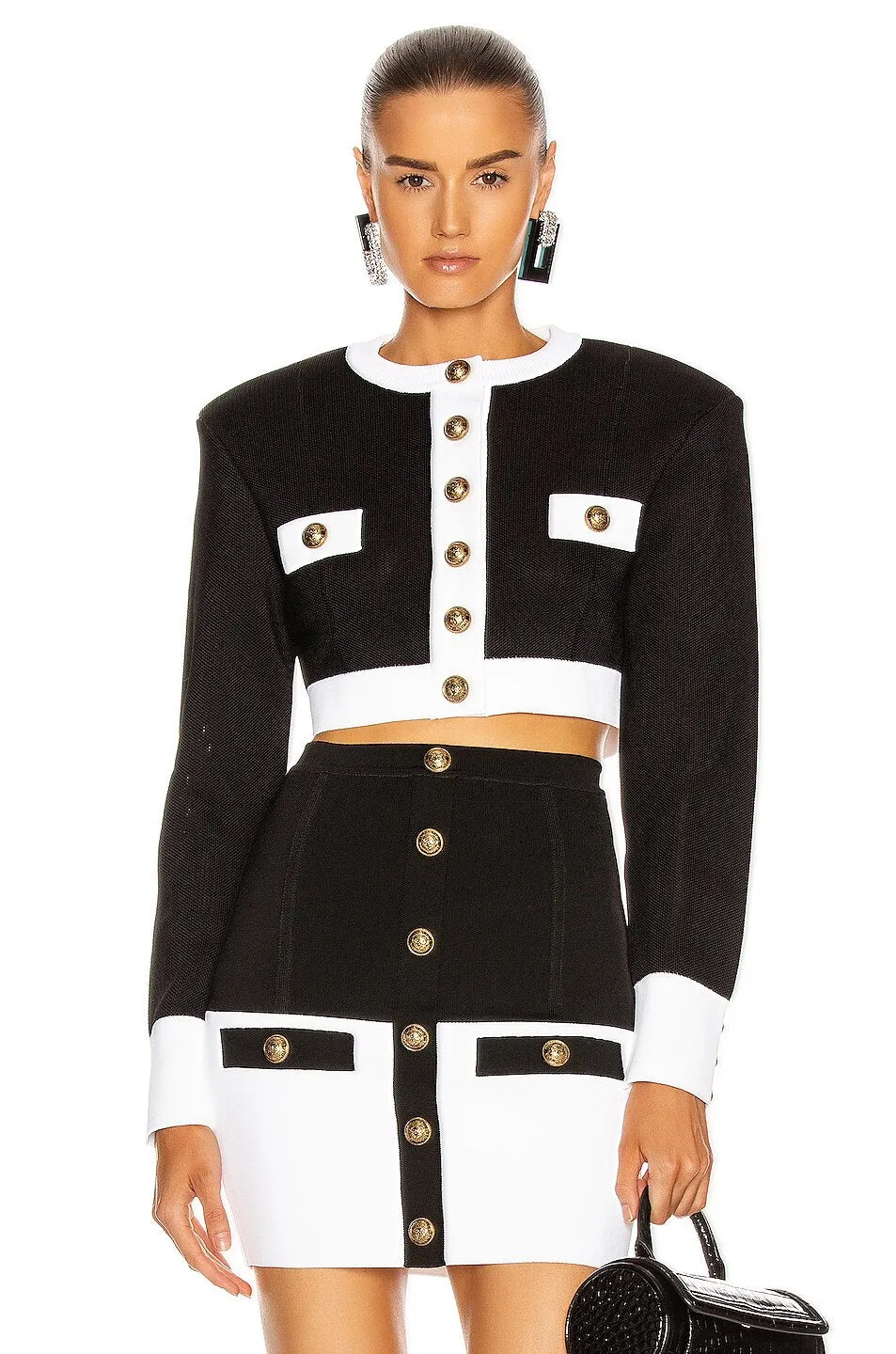 Patchwork Black White O Neck Long Sleeves With Pockets Buttons Two Pieces Dress