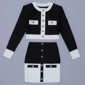 Patchwork Black White O Neck Long Sleeves With Pockets Buttons Two Pieces Dress