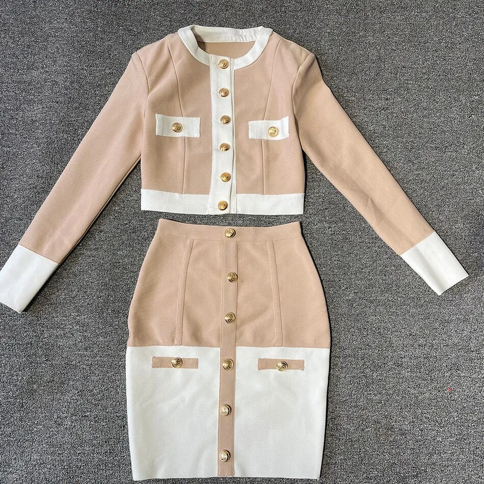 Patchwork Black White O Neck Long Sleeves With Pockets Buttons Two Pieces Dress