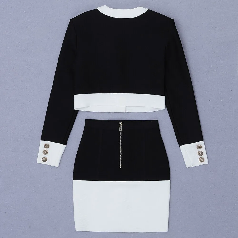Patchwork Black White O Neck Long Sleeves With Pockets Buttons Two Pieces Dress