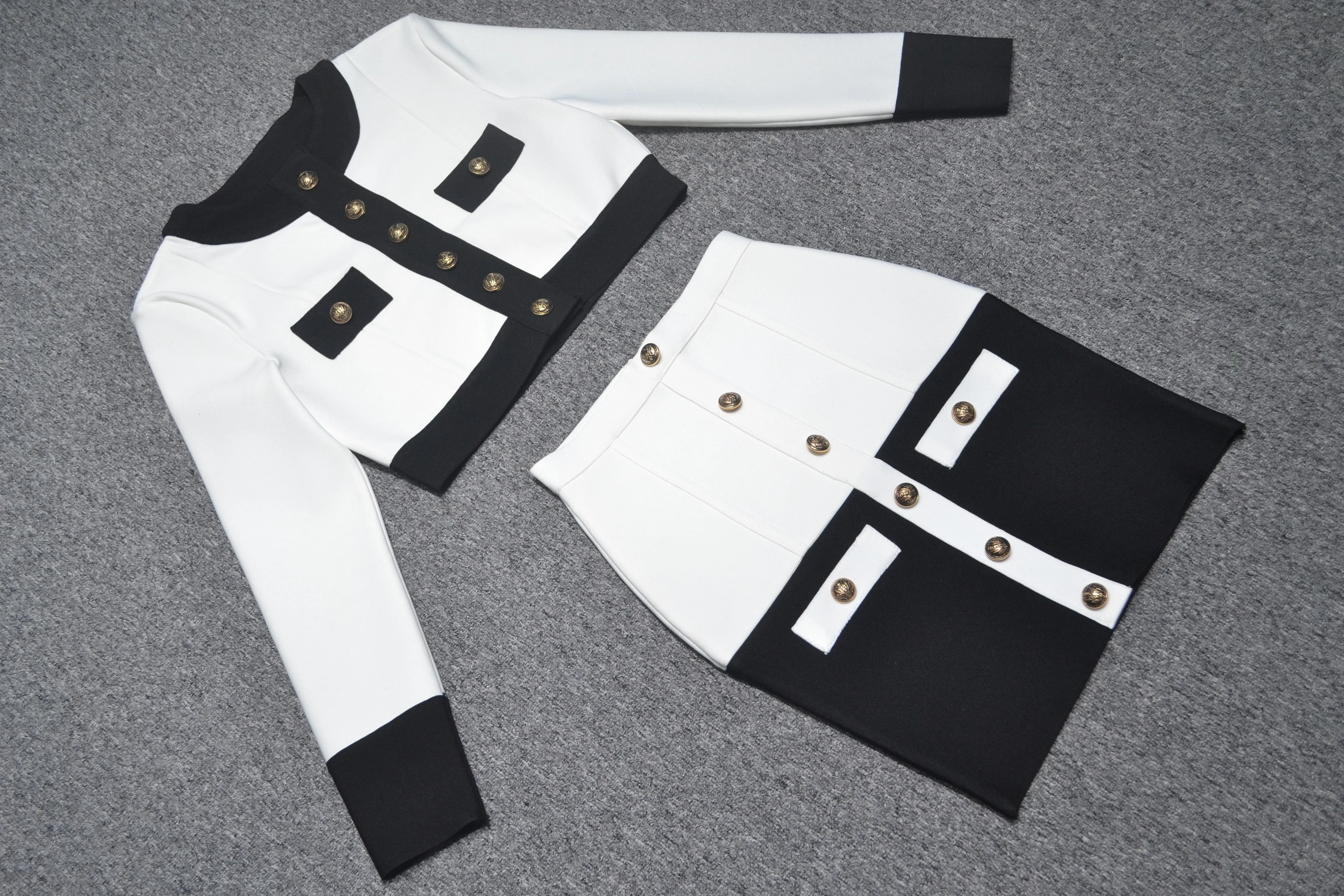 Patchwork Black White O Neck Long Sleeves With Pockets Buttons Two Pieces Dress