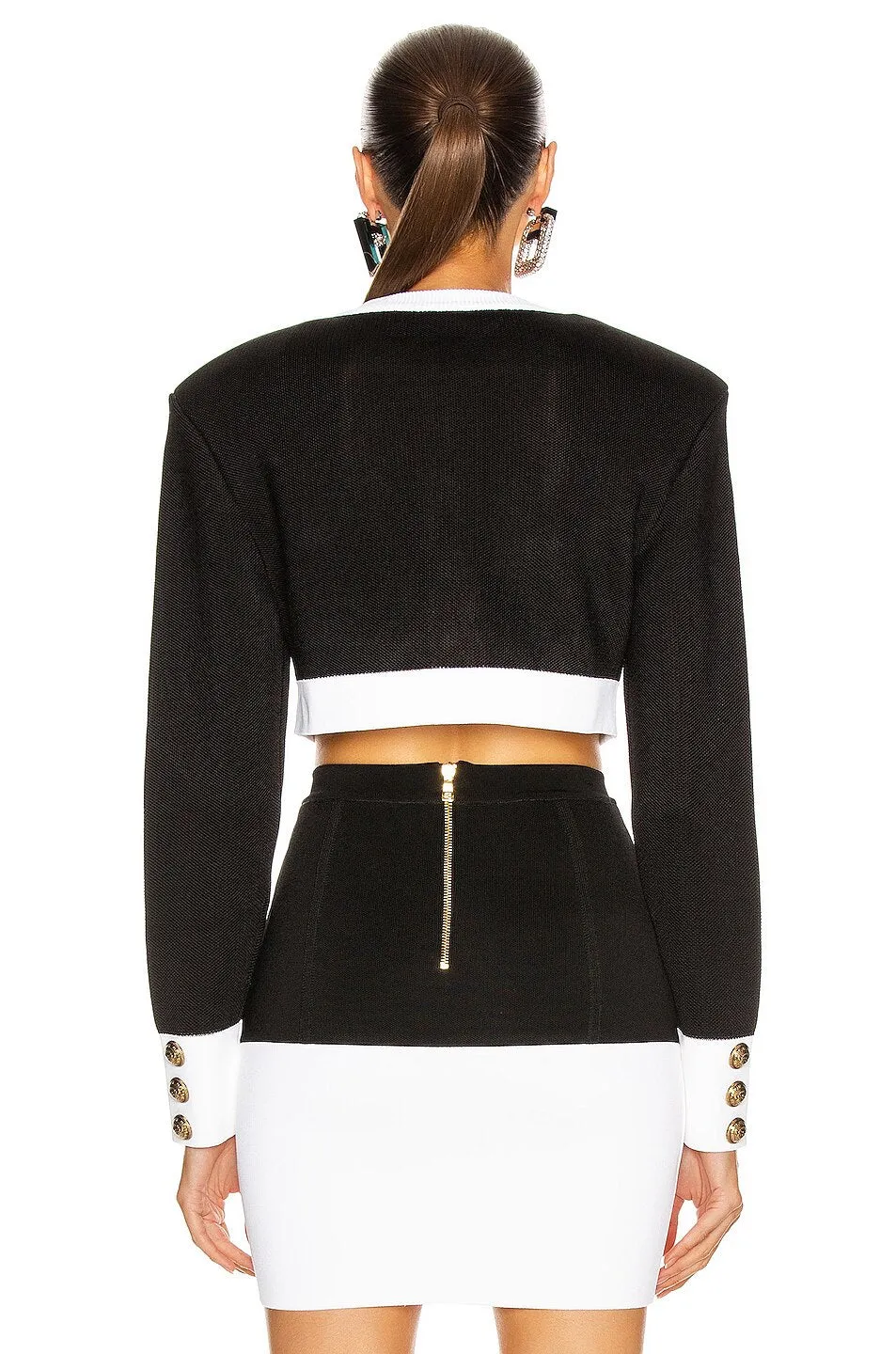 Patchwork Black White O Neck Long Sleeves With Pockets Buttons Two Pieces Dress