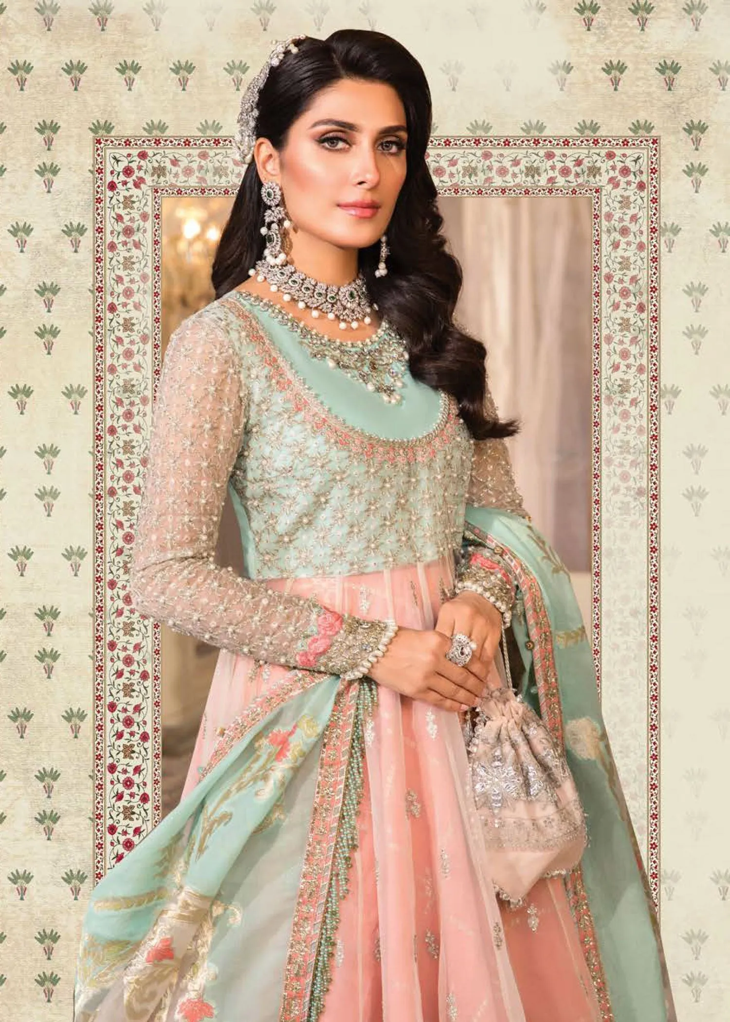 Pearl White, Peach and Aqua (BD-2408) | Maria B Mbroidered Heritage Edition 2022 | Unstitched Embroidered Organza Suits