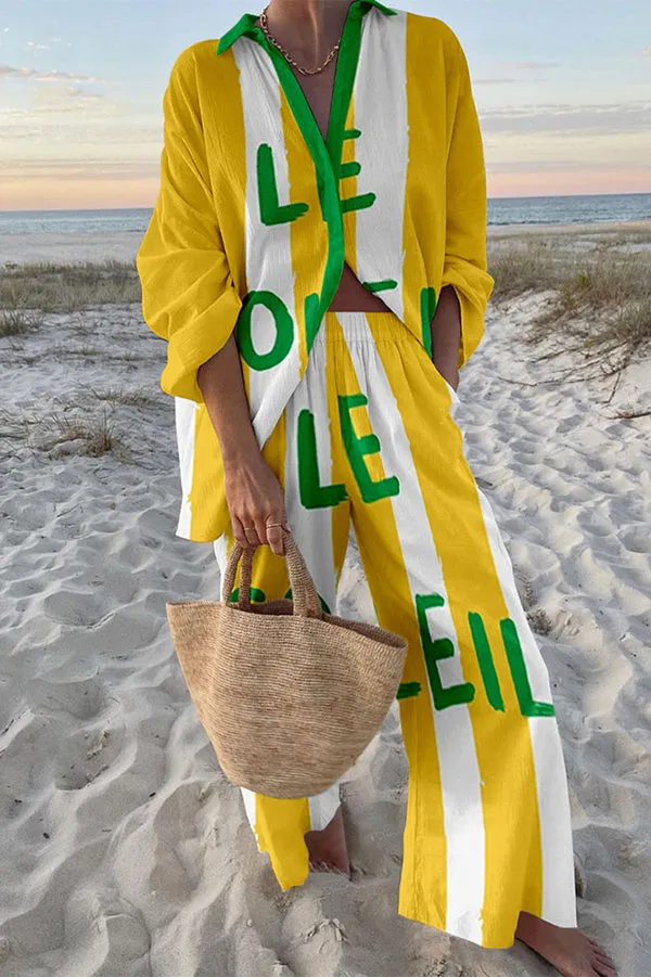 Pineapple Print Oversized Shirt and Elastic Waist Pocket Pants Set