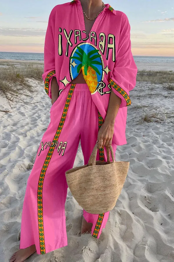Pineapple Print Oversized Shirt and Elastic Waist Pocket Pants Set