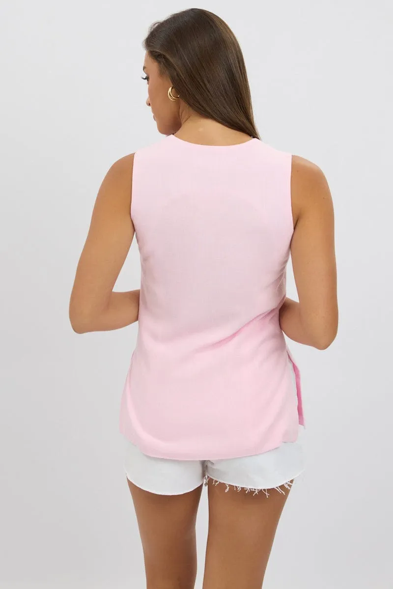 Pink Linen Vest Longline V Neck
