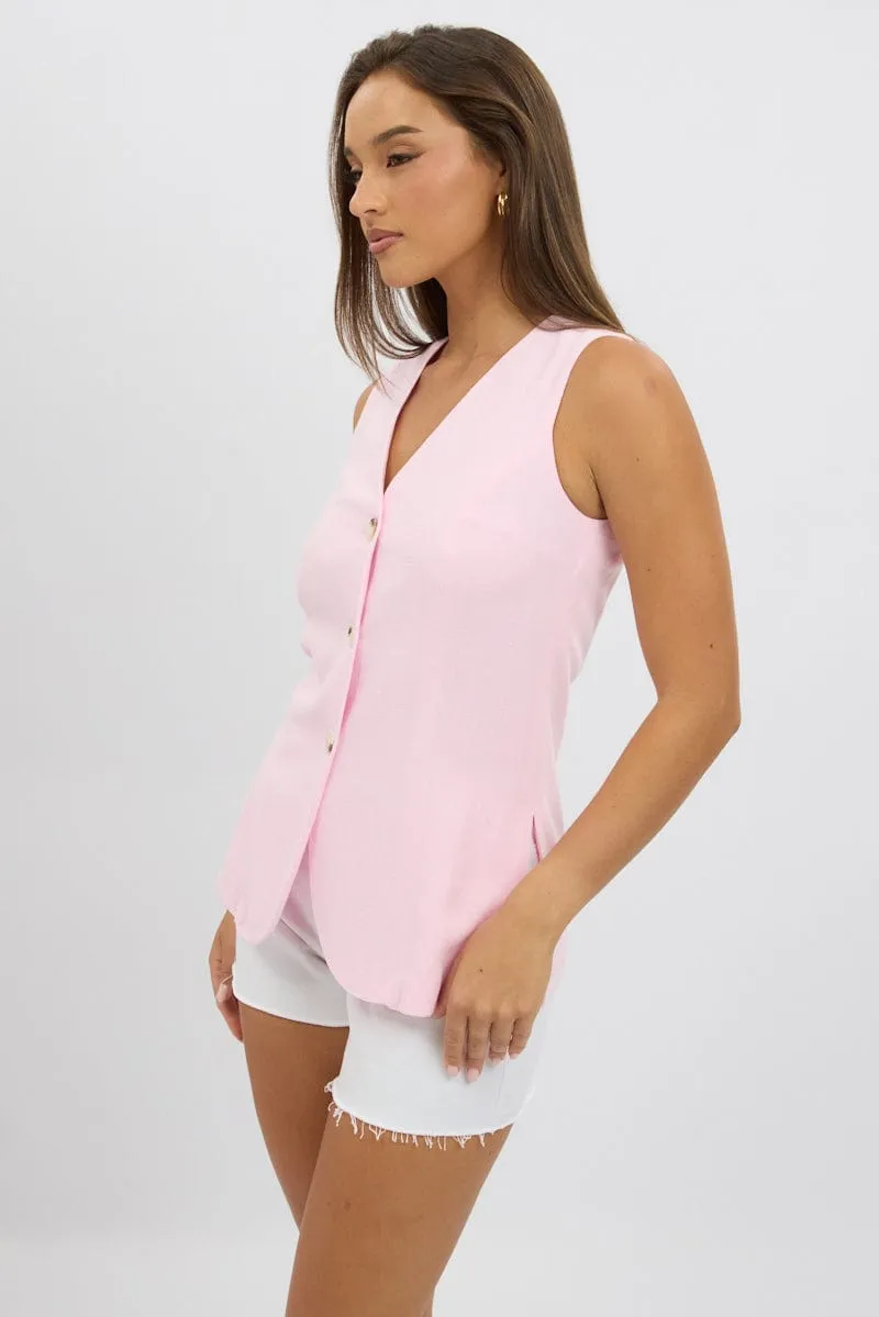 Pink Linen Vest Longline V Neck
