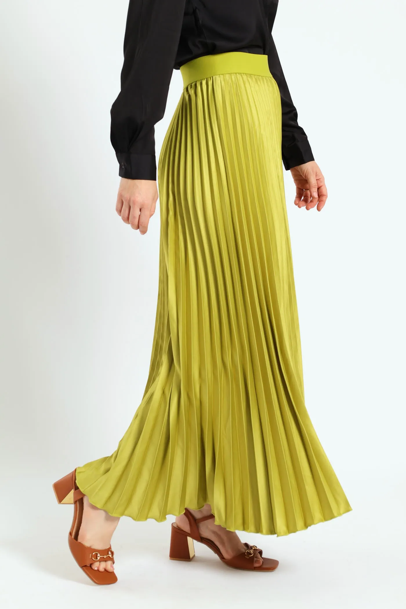 Pleated Satin Maxi Skirt - Avocado
