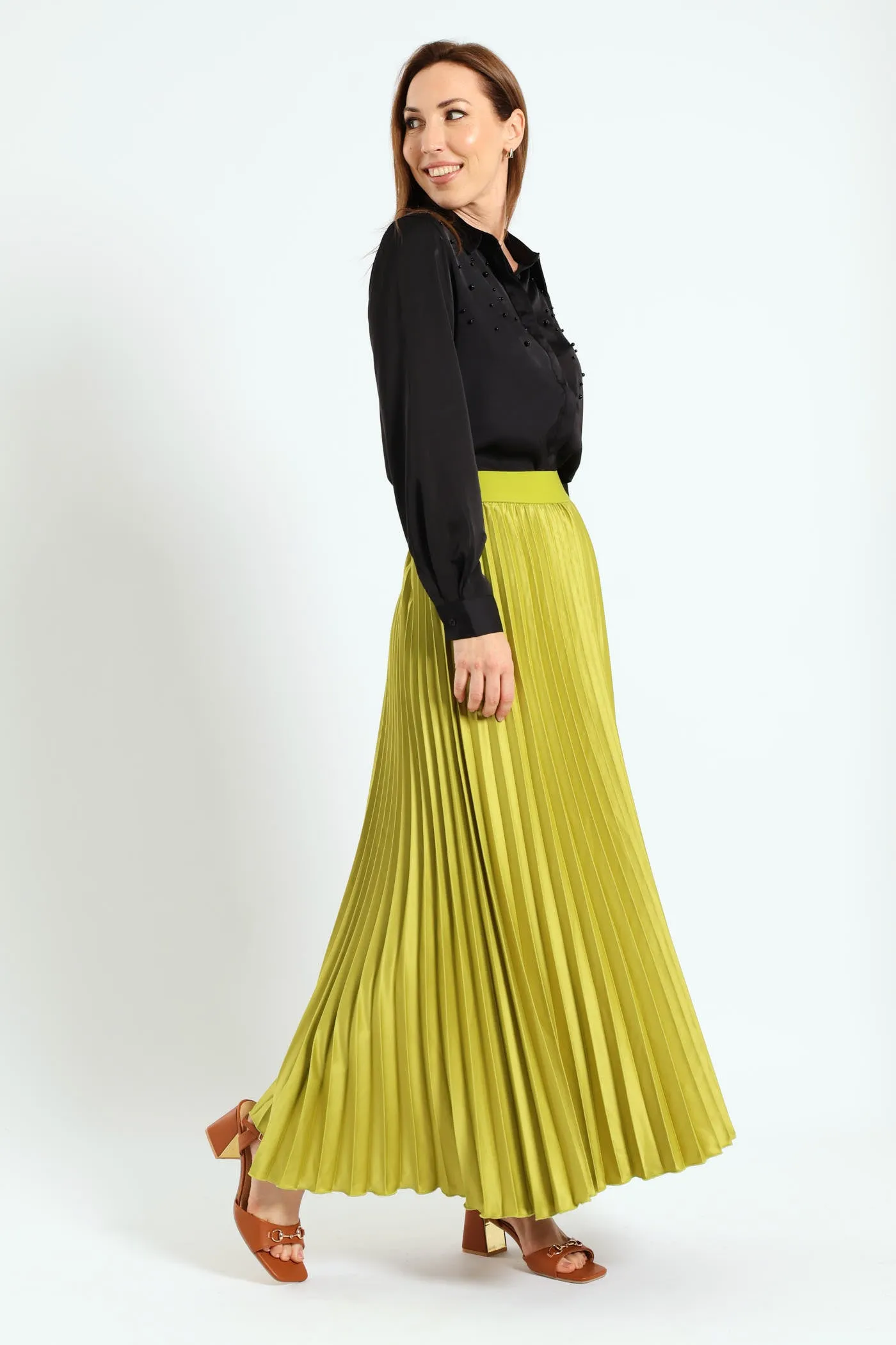 Pleated Satin Maxi Skirt - Avocado