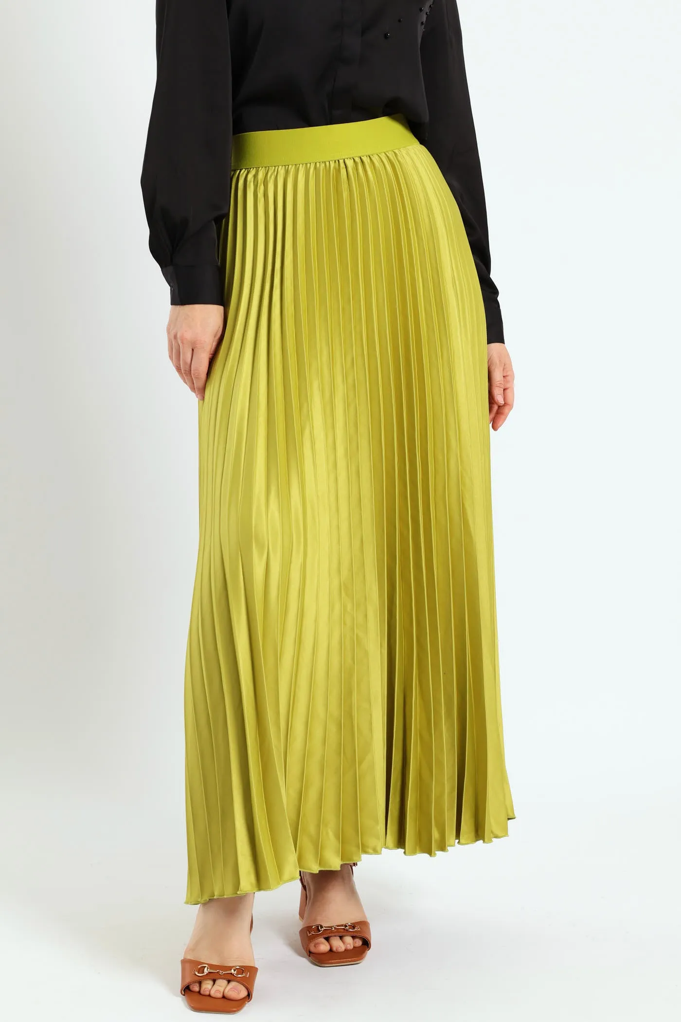 Pleated Satin Maxi Skirt - Avocado