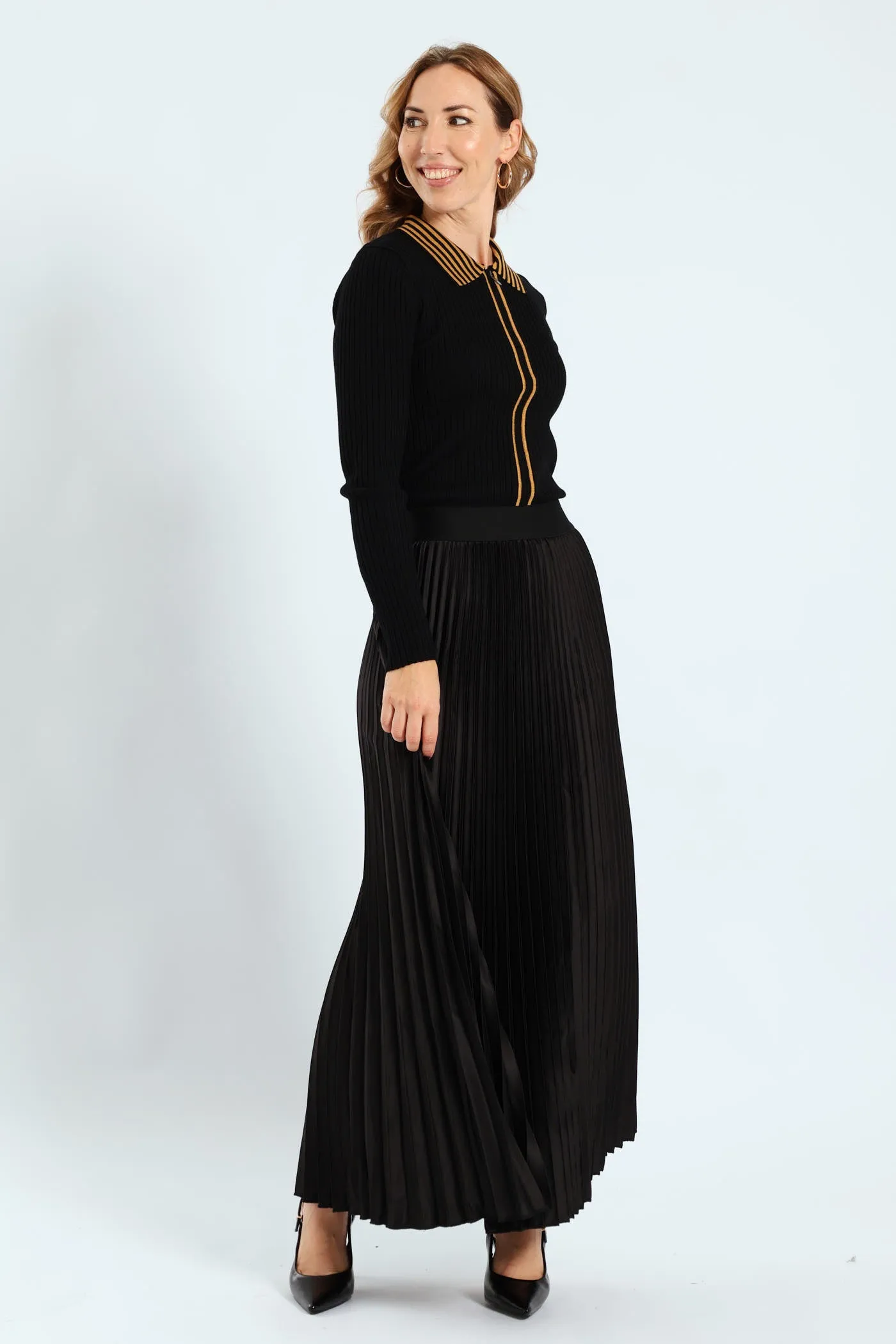 Pleated Satin Maxi Skirt - Black