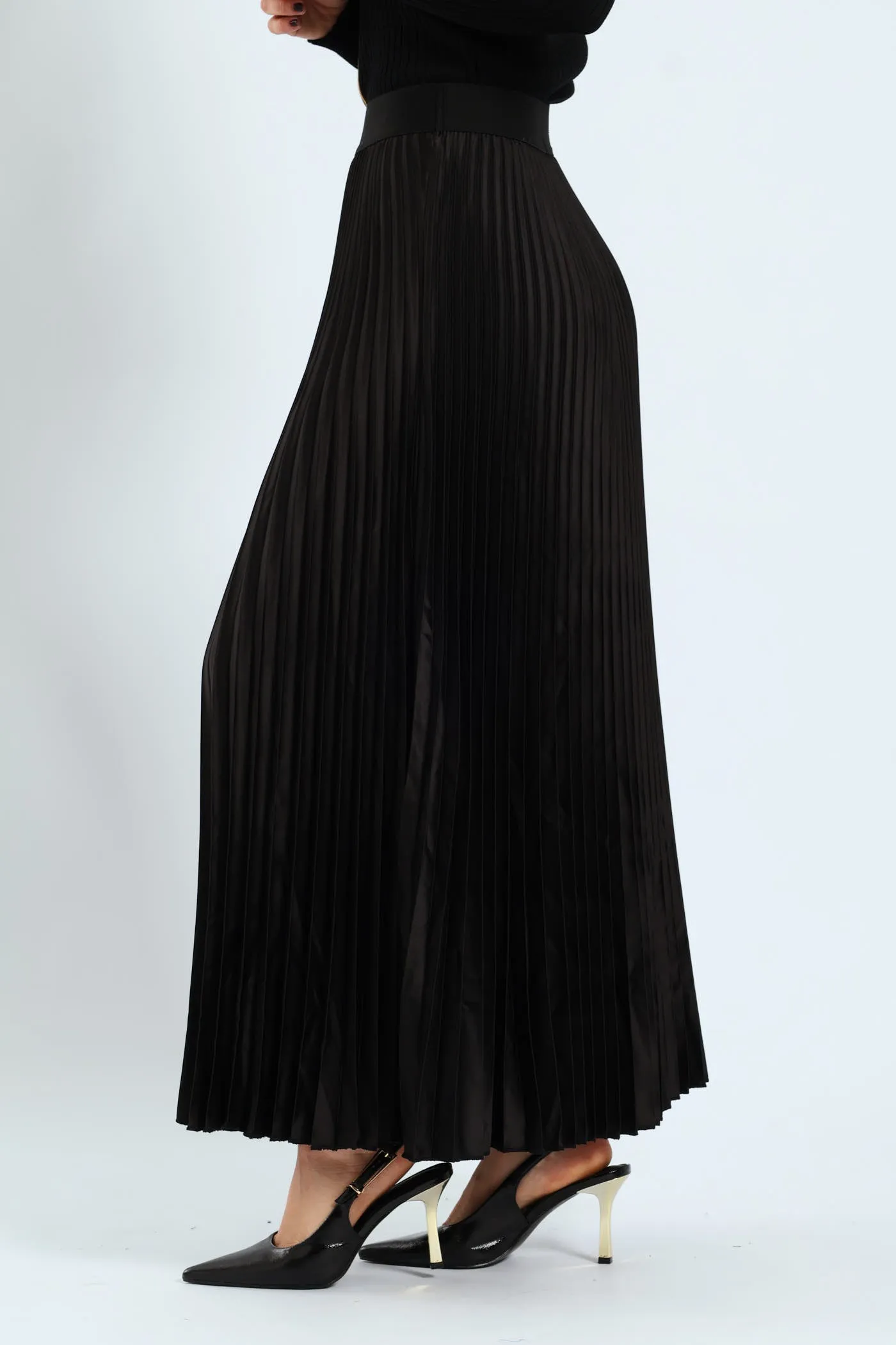 Pleated Satin Maxi Skirt - Black