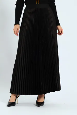 Pleated Satin Maxi Skirt - Black