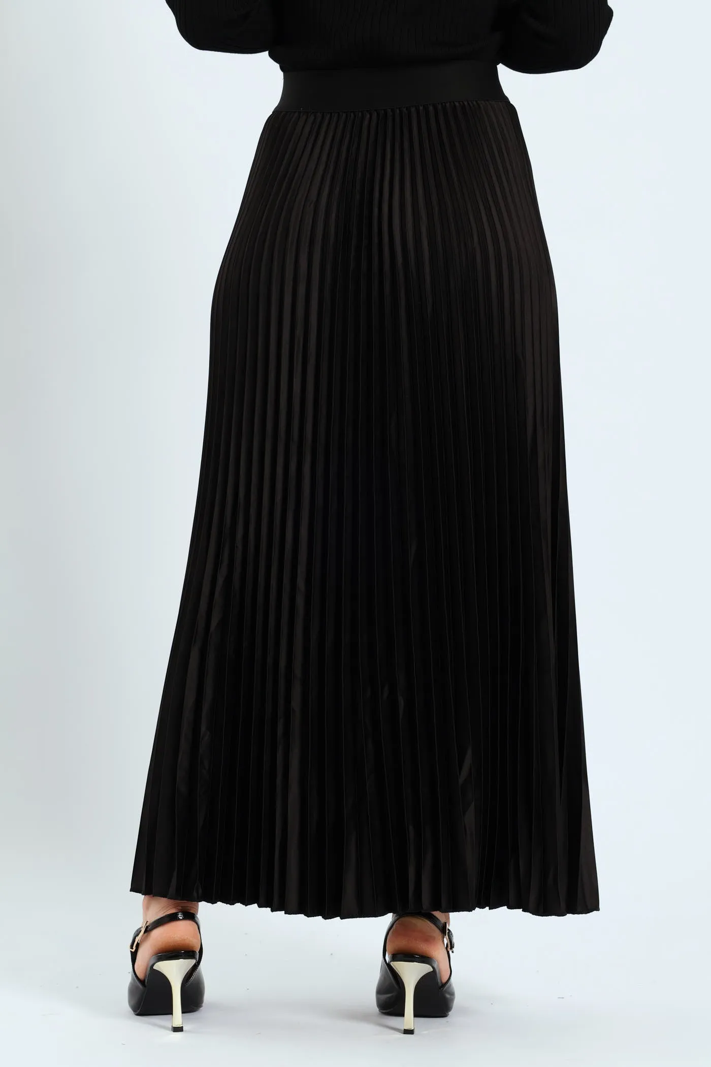 Pleated Satin Maxi Skirt - Black