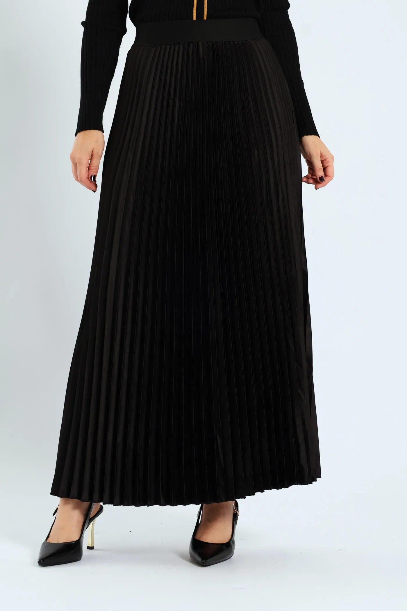 Pleated Satin Maxi Skirt - Black