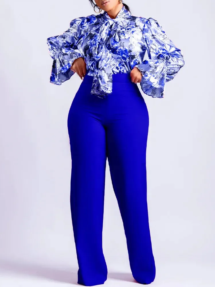 Plus Size 2-Piece Women's Pant Sets Floral Print Long Sleeve Blouse Shirt And Pants Suits