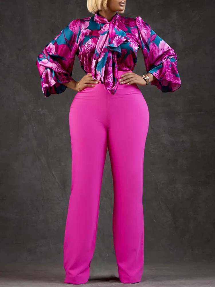 Plus Size 2-Piece Women's Pant Sets Floral Print Long Sleeve Blouse Shirt And Pants Suits