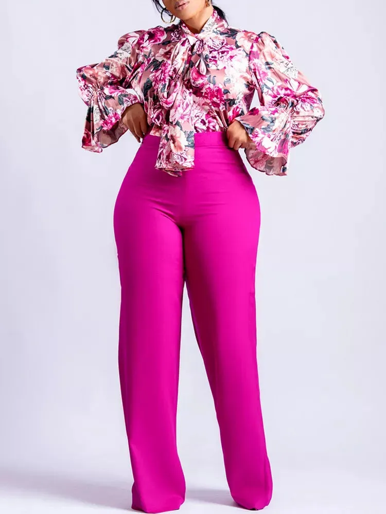 Plus Size 2-Piece Women's Pant Sets Floral Print Long Sleeve Blouse Shirt And Pants Suits