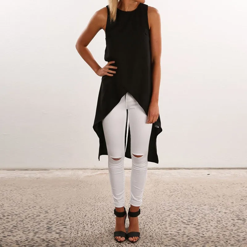 Plus Size Fashion Women Sleeveless Asymmetric Hem O Neck Long Top Solid Chiffon Style Blouses