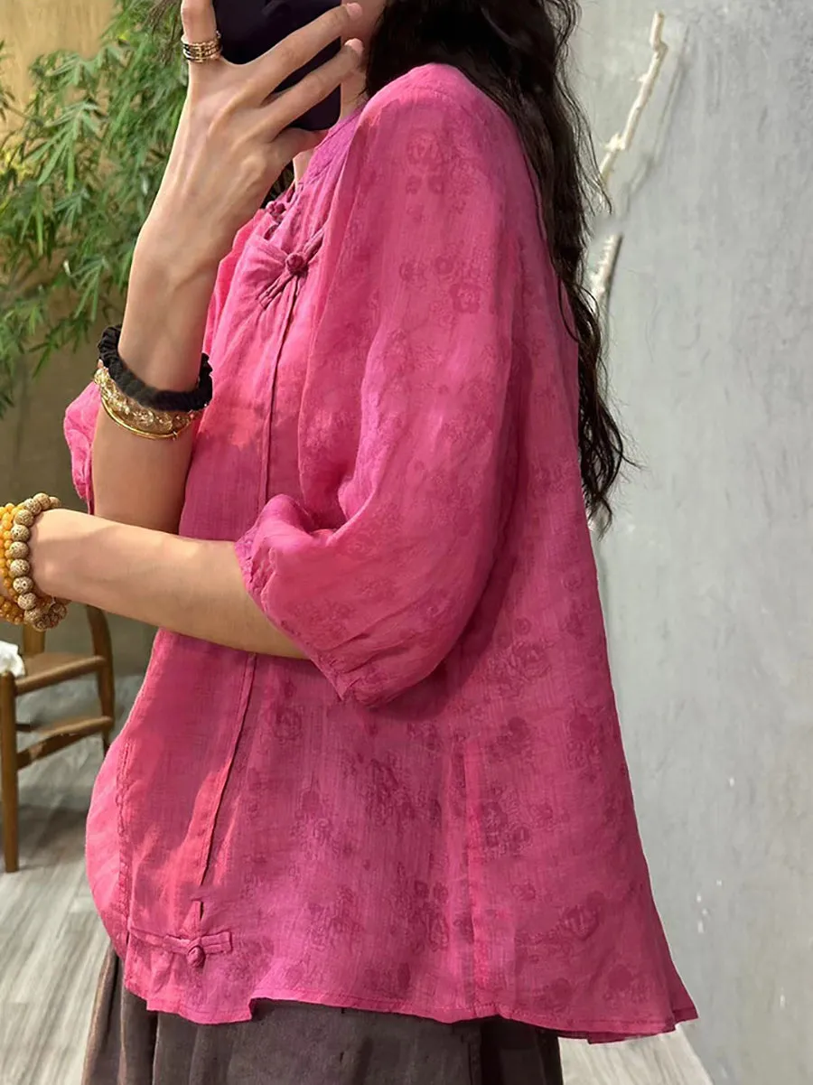Plus Size Women Summer Solid Ethnic 100%Ramie Shirt