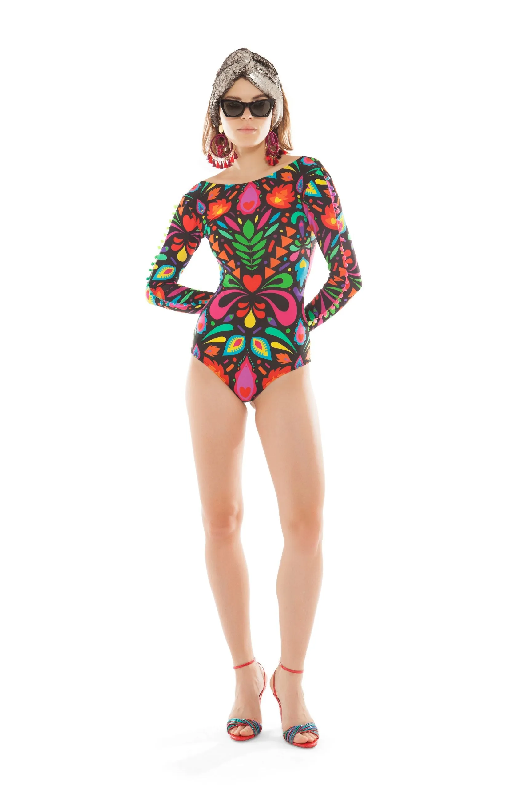Pom Pom Sleeve Lycra Bodysuit in Black Rainbow Femina Magicae