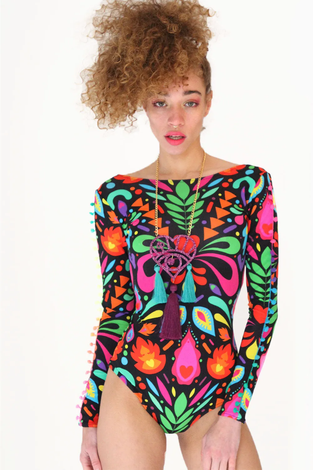 Pom Pom Sleeve Lycra Bodysuit in Black Rainbow Femina Magicae