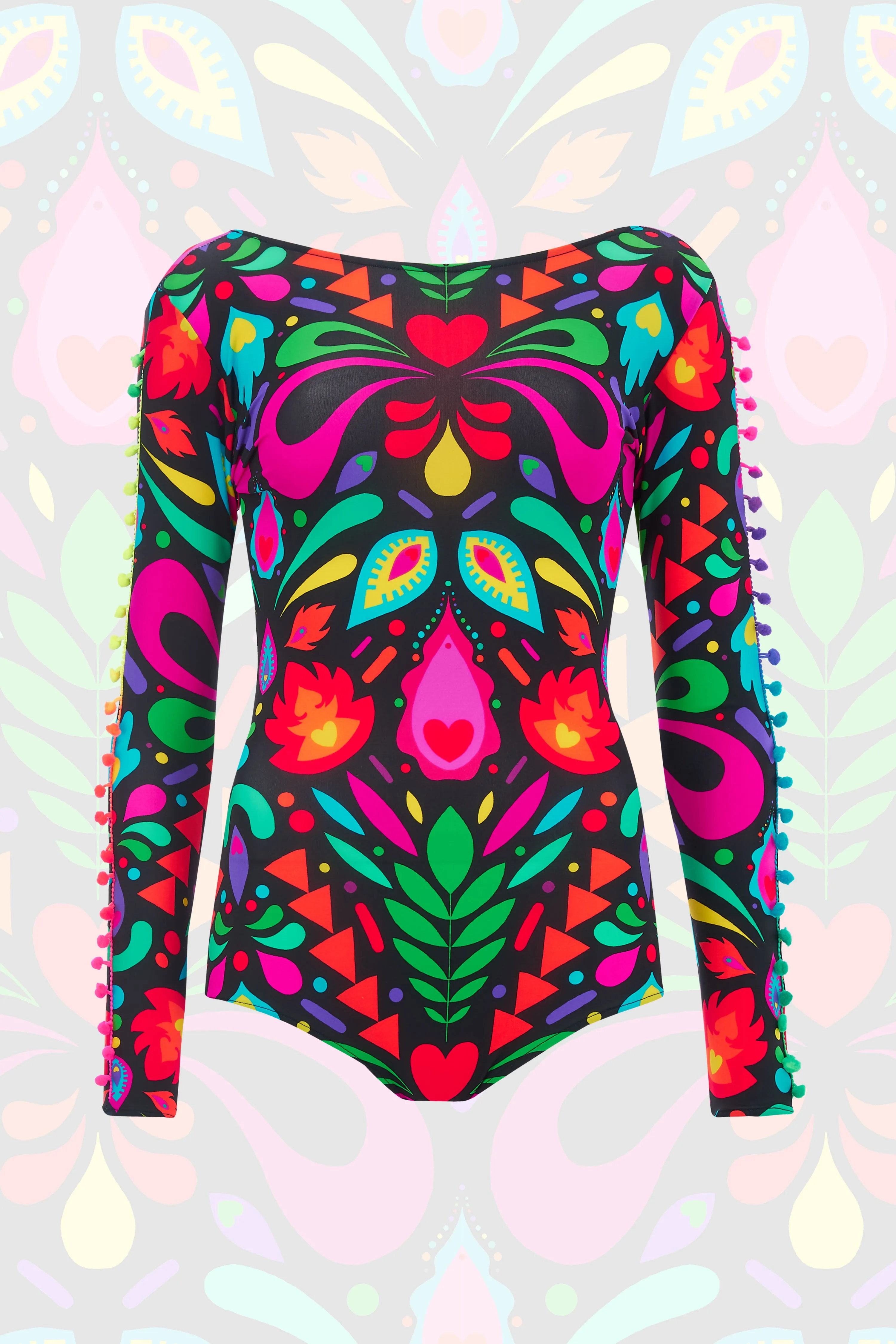 Pom Pom Sleeve Lycra Bodysuit in Black Rainbow Femina Magicae