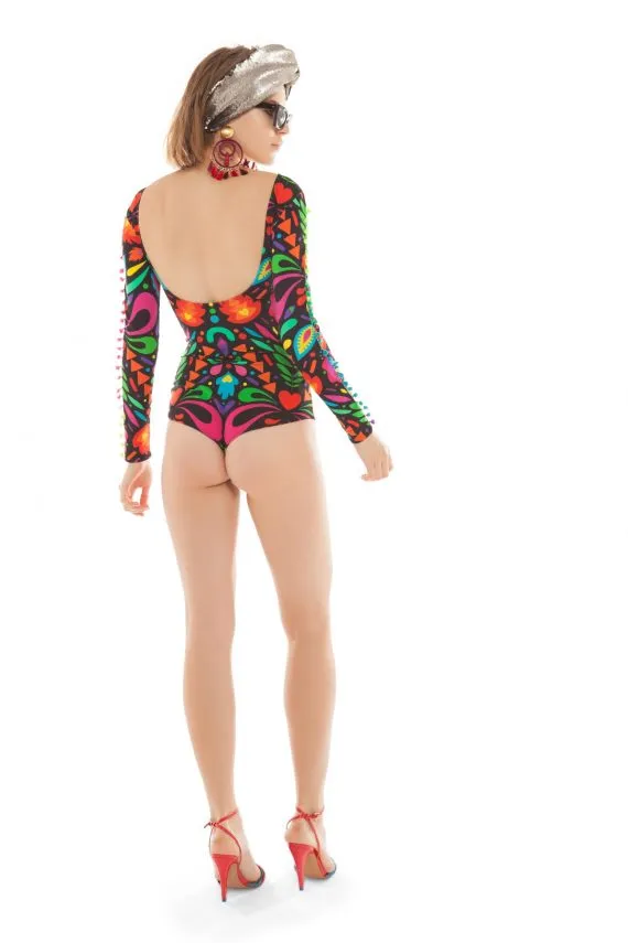 Pom Pom Sleeve Lycra Bodysuit in Black Rainbow Femina Magicae