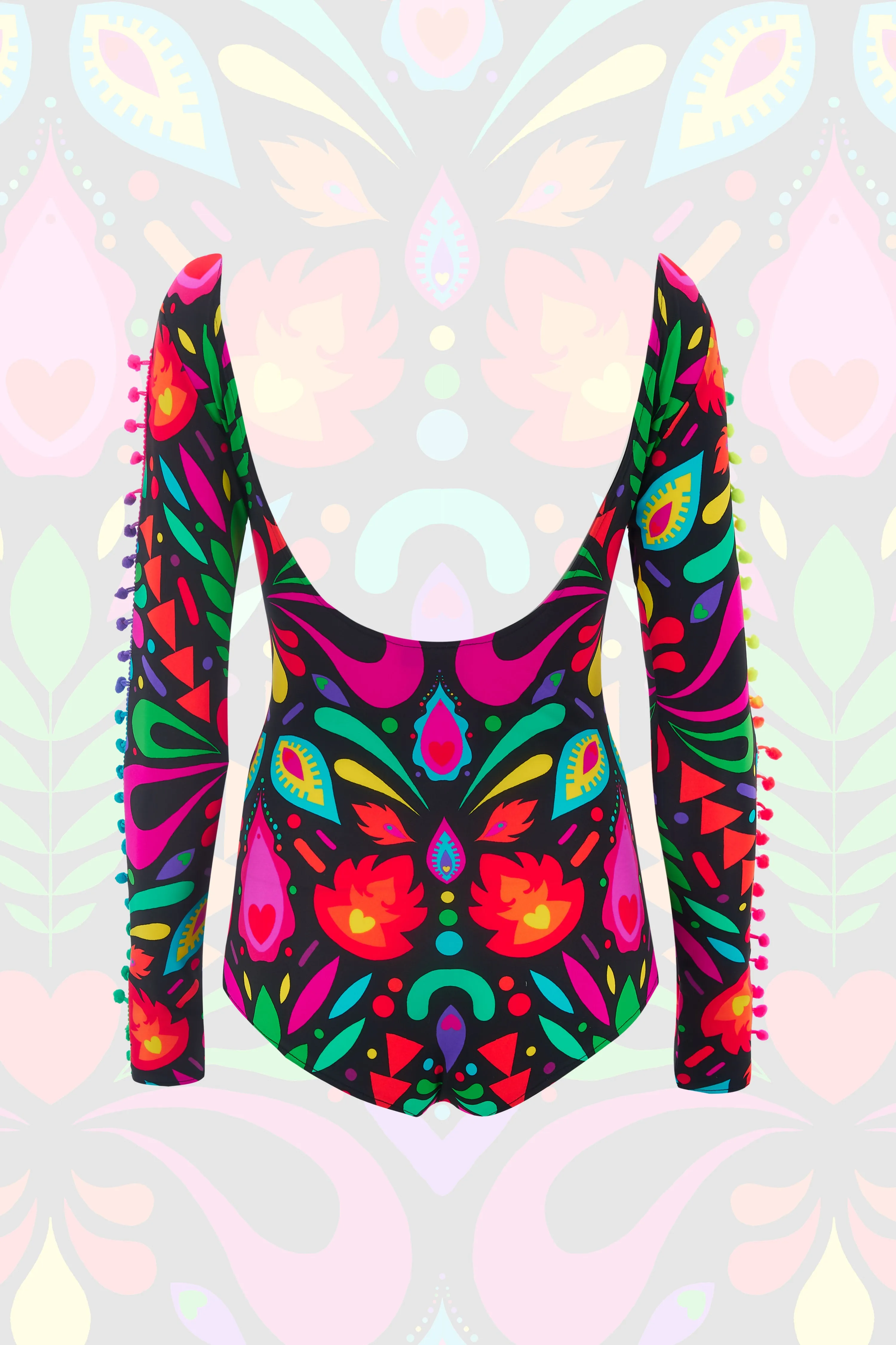 Pom Pom Sleeve Lycra Bodysuit in Black Rainbow Femina Magicae
