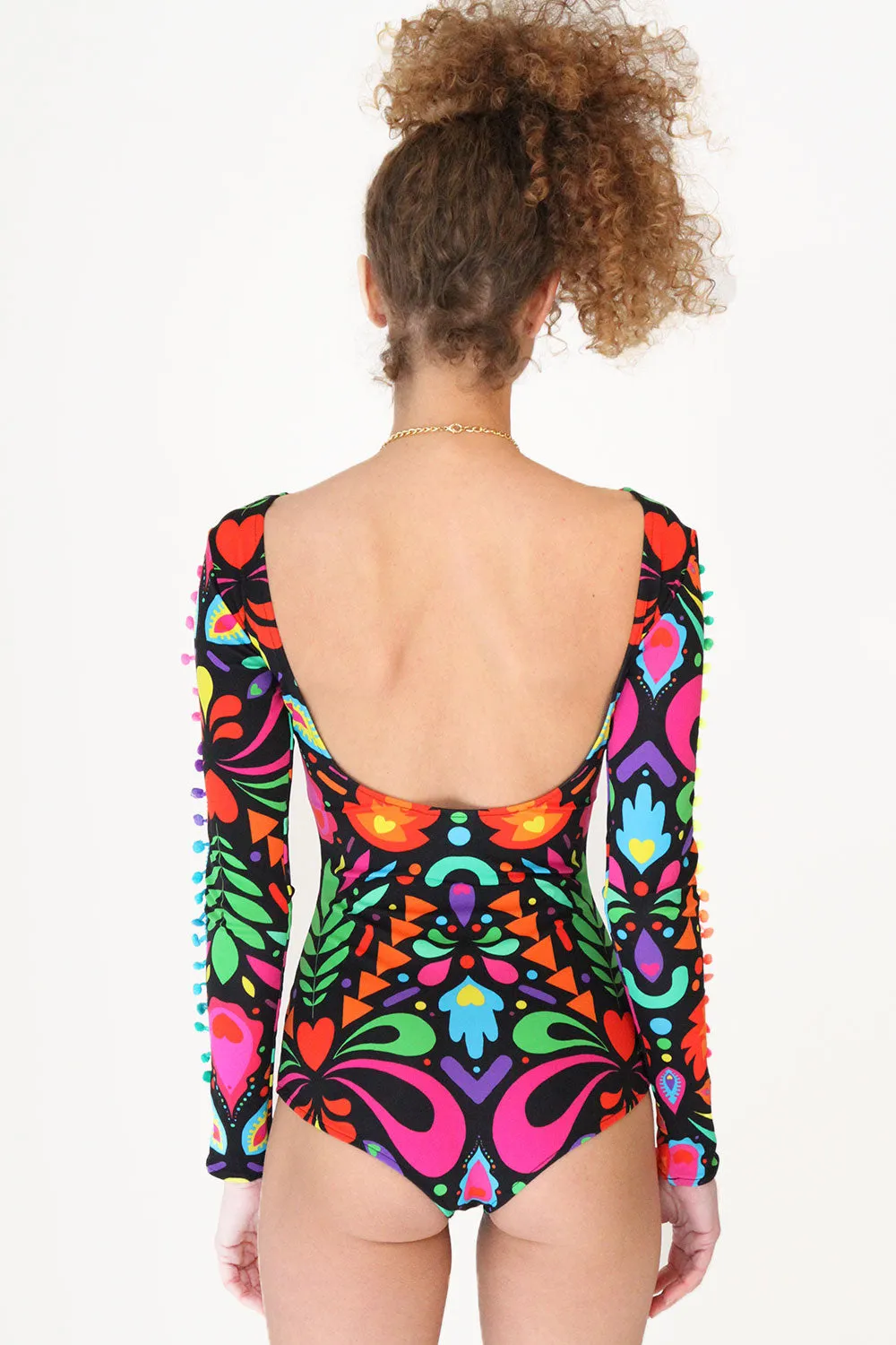 Pom Pom Sleeve Lycra Bodysuit in Black Rainbow Femina Magicae