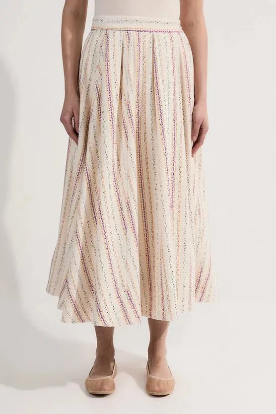 Premium Woven Stripe Tailored Pleated Midi Skirt