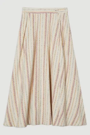 Premium Woven Stripe Tailored Pleated Midi Skirt