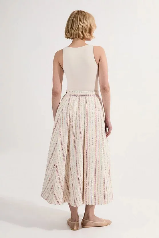 Premium Woven Stripe Tailored Pleated Midi Skirt