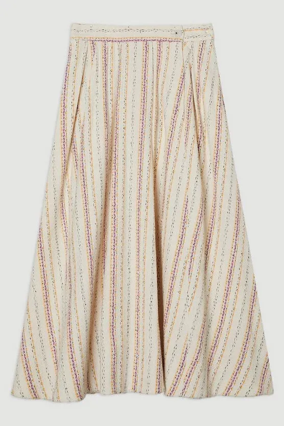 Premium Woven Stripe Tailored Pleated Midi Skirt