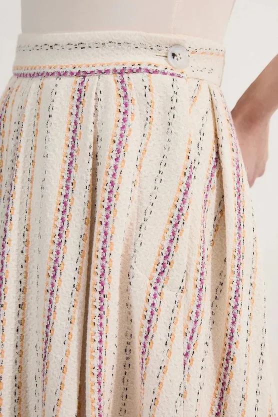 Premium Woven Stripe Tailored Pleated Midi Skirt