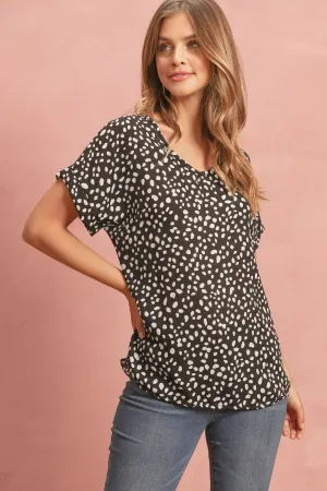 Print Cuff Sleeve Round Neck Blouse