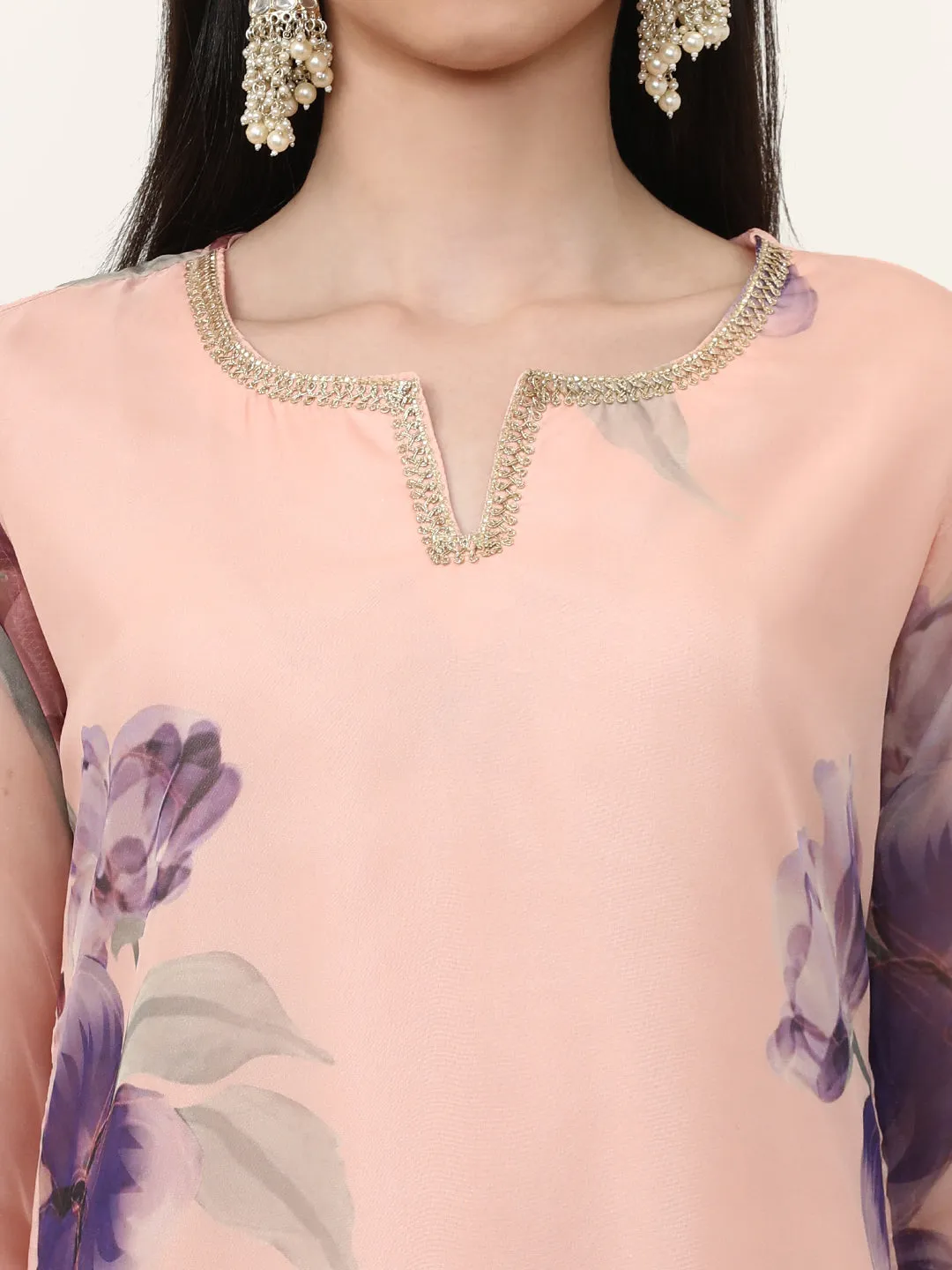 Printed Organza Floral Kurta Sets With Organza Dupatta