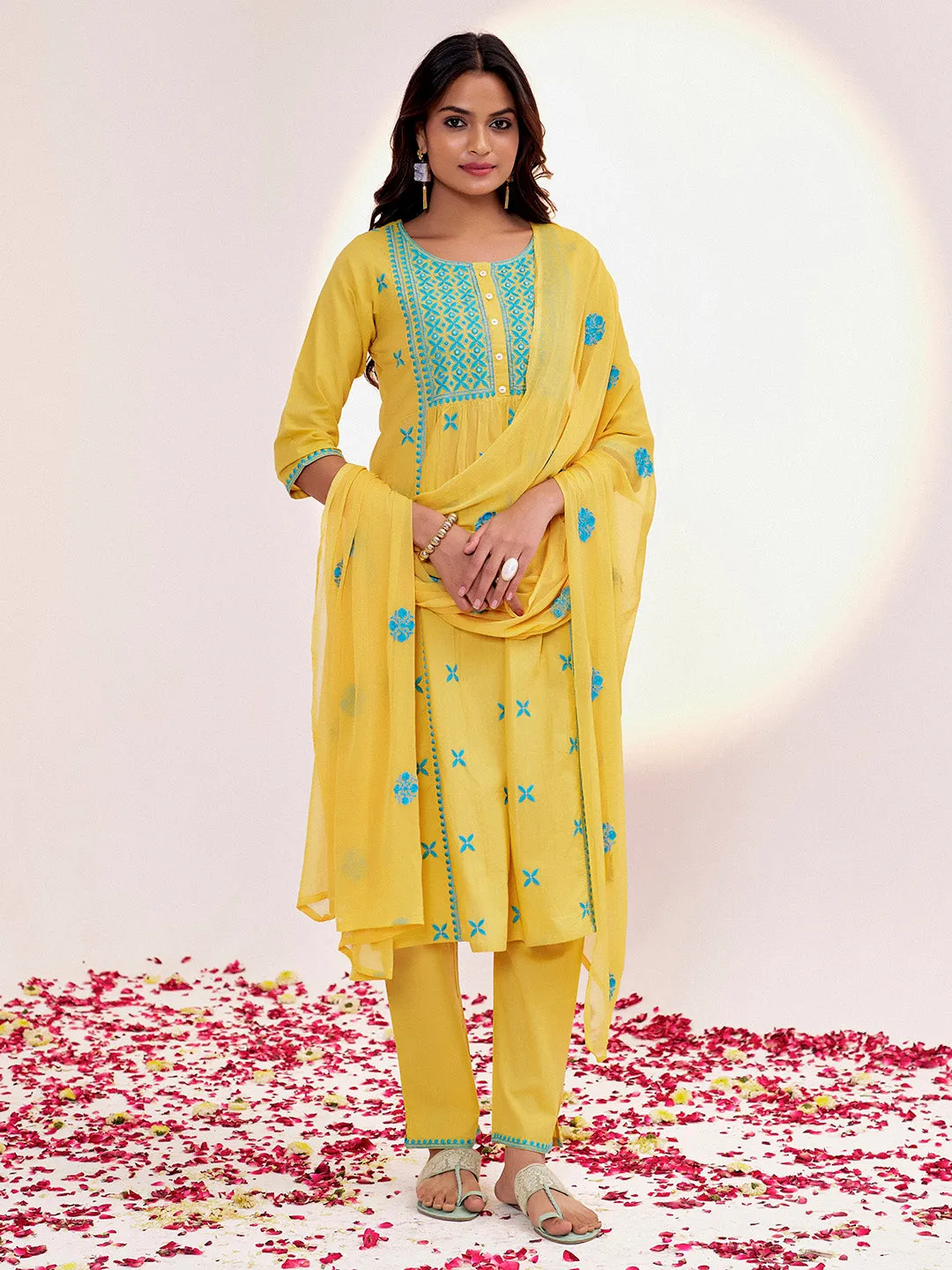 Pure Cotton Festive Chikankari Yellow Kurta Set With Dupatta