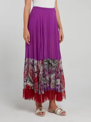 Purple Lace Panel Ruffled Maxi Skirt