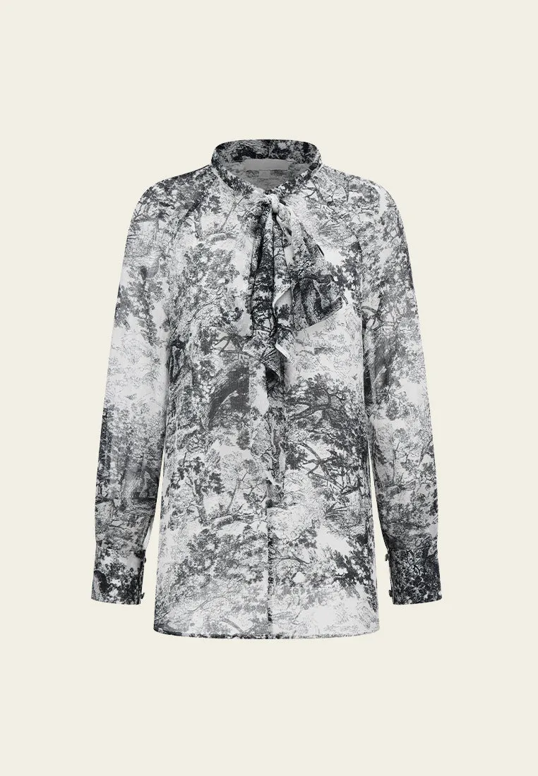 Pussy-bow Black-and-shite Motif Chiffon Blouse