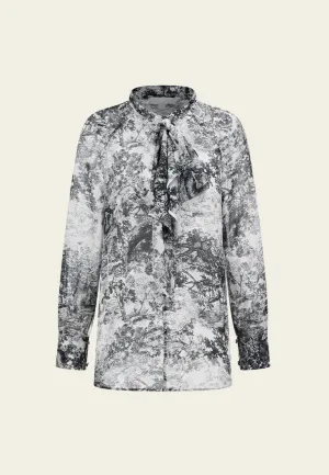 Pussy-bow Black-and-shite Motif Chiffon Blouse