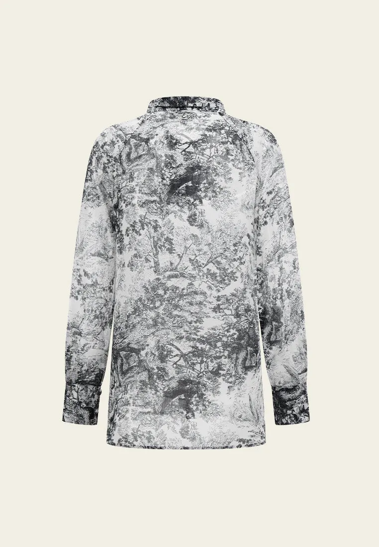 Pussy-bow Black-and-shite Motif Chiffon Blouse